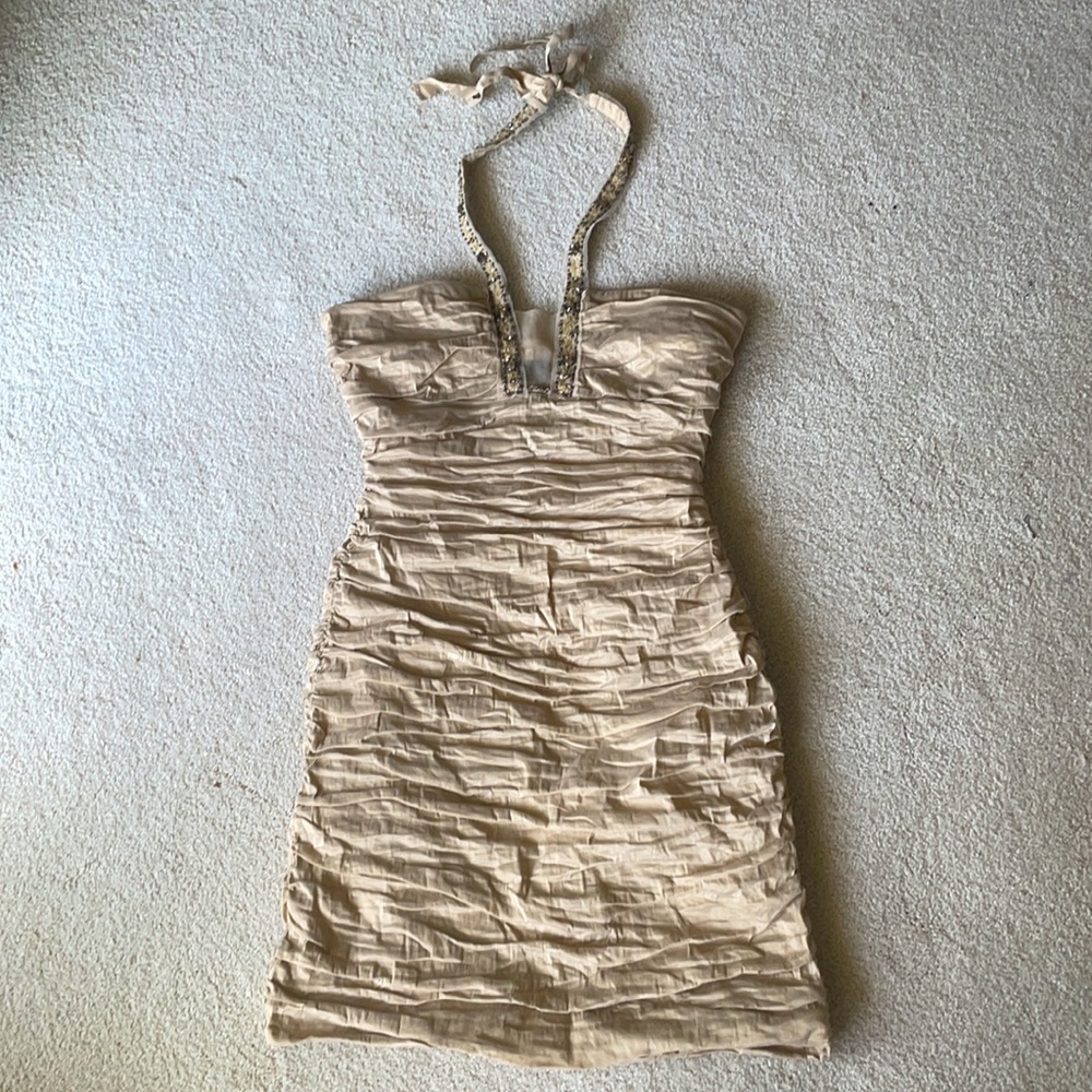 BCBG Maxazria sparkly tan ruched cocktail dress